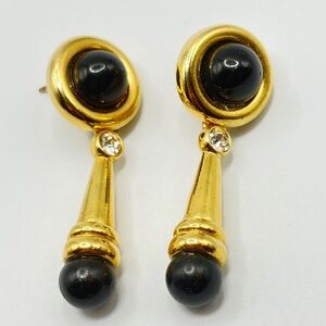 JESARA Signed Vintage Gold Tone Metal Black Cabochons Gripoix Style Earrings